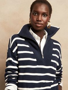 Oversized Half-Zip Sweater | Banana Republic Nautical Fashion Women, Navy Sweater Outfit, Striped Sweater Outfit, I Fall To Pieces, Half Zip Jumper, Preppy Southern, Nautical Stripes, Zippered Sweater, Half Zip Sweaters