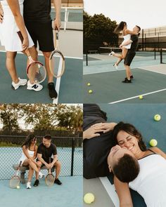 a man and woman hugging while holding tennis racquets on a tennis court