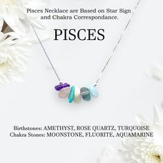 a necklace with three stones on it and the words pisces