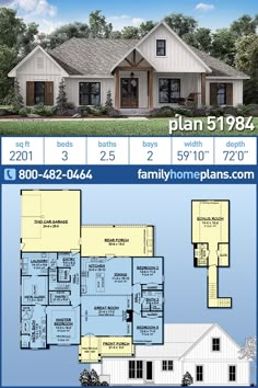 two story house plan with 3 bedroom and 2 bathrooms on the first floor, an attached garage