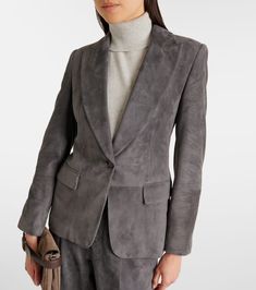 Find BRUNELLO CUCINELLI Single-breasted Suede Blazer on Editorialist. Material: 100% leather. Care instructions: specialist clean. Made in Italy. Designer color name: Piombo. Closure: button fastening. Pockets: flap pockets. Lining: 74% acetate, 26% silk. Pocket lining: 65% acetate, 35% polyester. Contains non-textile parts of animal origin. Elegant Fitted Leather Blazer, Elegant Tailored Leather Blazer, Elegant Leather Blazer With Lapel Collar, Elegant Leather Evening Blazer, Elegant Leather Blazer For Evening, Elegant Leather Blazer For Office, Elegant Leather Office Blazer, Timeless Leather Blazer For Work, Elegant Suede Blazer For Fall