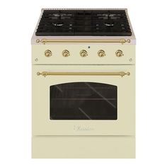 a white stove top oven with two burners and gold trimmings on the front