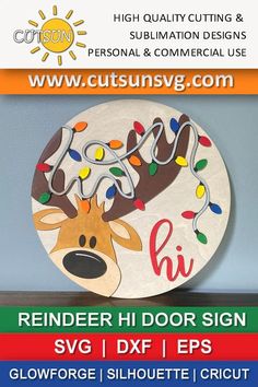 a wooden sign with reindeer head and lights on it