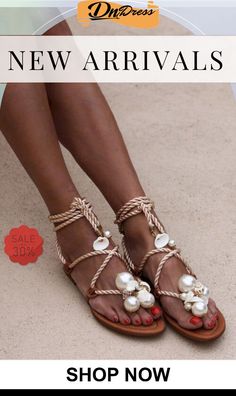 Pearl Lace Up Flat Sandals Closed Toe Lace-up Sandals For Beach Vacation, Summer Beach Lace-up Sandals With Ankle Strap, Summer Lace-up Open Toe Sandals For Beach Season, Beige Toe Post Sandals For Beach Season, Summer Lace-up Open Toe Sandals For Vacation, Summer Toe Post Lace-up Sandals For Beach, Party Lace-up Open Toe Sandals For Beach Season, Vacation Open Toe Lace-up Sandals, Summer Ankle Strap Flip Flops For Beach Season