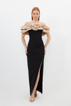 Structured Crepe Taffeta Ruffle Bardot Maxi Dress Latest Maxi Dresses, Off The Shoulder Maxi Dress, Maxi Dress Collection, Ruffle Design, Karen Millen, High Leg, Fashion Face, Wedding Guest Dress, Dress Collection