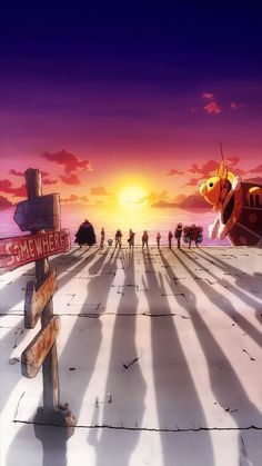 an anime scene with people walking on the beach at sunset, and one person standing in the distance