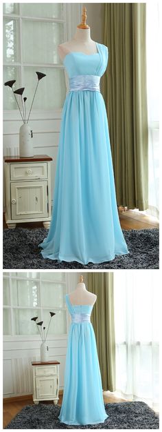 Blue Chiffon Prom Gown, Blue Chiffon Gown For Prom Season, Blue Chiffon Gown For Prom, Chiffon Homecoming Dress With Sweep Train, Blue Chiffon Gown With Sweep Train, Light Blue Bridesmaid Evening Dress For Prom, Light Blue Bridesmaid Dress With Sweep Train, Blue Dress With Sweep Train For Debutante Ball, Blue Sweep Train Dress For Debutante Ball