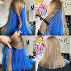 Teal Underneath Hair Blonde, Strawberry Blonde And Blue Hair, Blond Hair With Blue Underneath, Blonde And Blue Hair Peekaboo, Half Colored Hair, Exotic Hair Color, Dark Blue Hair