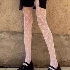 ♡ Material: Spandex and Polyester♡ One Size Fits - [Weight] 40kg ~ 60 kg, [Height] 150 cm ~ 173 cm♡ Handwash and hang dry ♡ Handling time before shipping: 5 days Black And White Heart, Stocking Tights, Fishnet Stockings, Heart Pattern, White Heart, Heart Patterns, Knee High Sock, Tights, Stockings