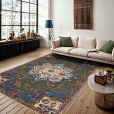 a living room filled with furniture and a large rug on top of a hard wood floor