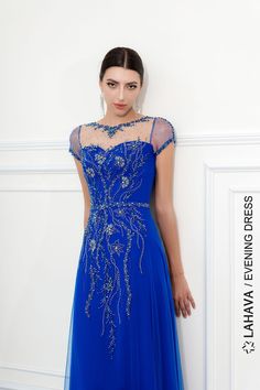 Materials: Crepe, beading, tulle Neckline: Scoop neck Sleeve Style: Short sleeves Silhouette: A-line Built-in Bra: Yes Tulle Neckline, Beaded Evening Gowns, Garment Cover, Coban, A Line Gown, Beaded Dress, Dress Codes, Boat Neck, All Fashion