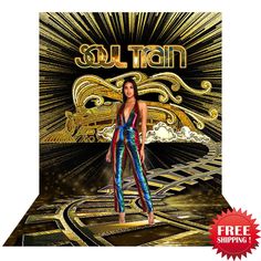 a woman standing in front of a gold background with the words soul train on it