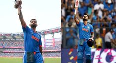 two pictures of the same man holding a bat and ball in each hand, one is wearing a blue uniform