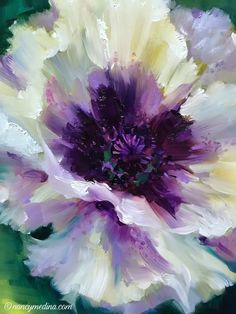 an oil painting of a white and purple flower