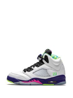 White/court purple/racer pink leather/rubber Air Jordan 5 "Alternate Bel-Air" sneakers from JORDAN featuring round toe, flat rubber sole, front lace-up fastening, branded insole, signature Jumpman Lace Lock and signature shark teeth detailing. These styles are supplied by a premium sneaker marketplace. Stocking only the most sought-after footwear, they source and curate some of the most hard to find sneakers from around the world. | Jordan Kids Air Jordan 5 "Alternate Bel-Air" sneakers Jordan Air, Air Jordan 5, Jordan 5, Kids Jordans, Shark Teeth, 4 Kids, Bel Air, Pink Leather, Saucony Sneaker