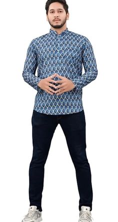 Fitted Long Sleeve Block Print Tops, Long Sleeve Tops With Printed Motifs For Eid, Casual Cotton Tops For Eid, Blue Casual Kurta For Eid, Casual Blue Kurta For Eid, Cotton Casual Kurta For Eid, Casual Cotton Kurta For Eid, Long Sleeve Blue Tops For Eid, Casual Long Sleeve Festive Shirt