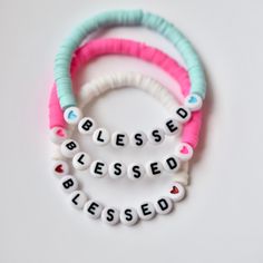 Blessed stretchy bracelets Clay Bracelets, Preppy Bracelets, Faith Bracelet, Bracelet Inspo, Bracelets Ideas, Clay Bracelet, Beadable Products, Beads Bracelets, Clay Bead