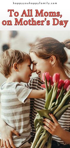 mother's day card with two young children hugging each other and the words to all moms, on mother's day