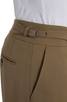 An extended waist tab with buckle closure underscores the retro look of these straight-leg pants tailored in Italy from virgin-wool stretch twill. Zip fly with buckle-tab closure Front slant pockets; back button-welt pockets 96% virgin wool, 4% spandex Dry clean Made in Italy Designer Clothing Stylish Pants Design For Men, Formal Belted High-waisted Pants, Formal High-waisted Belted Pants, Elegant Belted Straight Leg Dress Pants, Elegant Straight Leg Belted Dress Pants, Elegant Tailored Belted Pants, Elegant Belted Dress Pants For Work, Classic Fitted Bottoms With Belt Detail, Tailored Belted Bottoms For Formal Wear