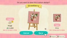 Acnh codes Acnh Strawberry Shortcake Design, Acnh Patchwork Design, Acnh Pocket Camp Designs, Acnh Strawberry Design Code, Acnh Peach Designs, Animal Crossing Strawberry Design, Acnh Fruit Codes, Acnh Table Cloth Design, Acnh Strawberry Code