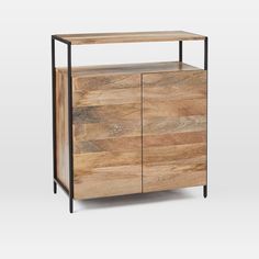 a wooden cabinet with metal legs and a shelf on the top that is made out of wood