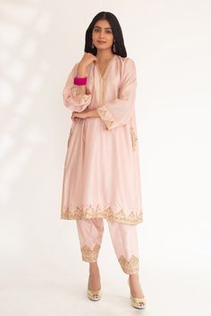 Pink kurta with zardozi embroidery on neckline and sleeve hem in floral pattern. Paired with border embroidered salwar. - Aza Fashions Embroidery Zardozi, Embroidered Salwar, Pink Kurta, Zardozi Embroidery, Silk Embroidery, Set For Women, Aza Fashion, Bangalore, Floral Pattern