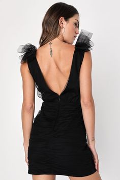 Amplify your mesmerizing presence by grabbing your favorite party heels and slipping into the Lulus Peak Poise Black Tulle Ruffled Bodycon Mini Dress! Sheer tulle (atop a matching knit liner) shapes this trendy lil' dress that shapes a lightly gathered bodice (with an alluring open-back) and a plunging V-neckline with a mesh insert, all supported by wide straps adorned with eye-catching, ruffled details at the shoulders. The fitted waist tops a bodycon mini skirt that features flattering ruching Ruched Mini Dress With Ruffled Straps For Party, Party Mini Dress With Ruched And Ruffled Straps, Fitted Mini Dress With Ruffled Straps For Party, Glamorous Fitted Mini Dress With Tulle Skirt, Fitted Tulle Mini Dress For Party Season, Flirty Tulle Mini Dress For Date Night, Chic Mini Dress With Ruffled Straps For Prom, Flirty Tulle Party Dress, Cocktail Mini Tulle Dress For Party Season