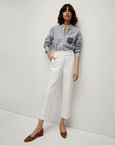 Renzo Pant - Off-White With Gold Buttons Statement Heels, Feminine Blouses, Plus And Minus, Veronica Beard, Slim Leg, Gold Buttons, Office Wear, Slim Legs, Bottoms Pants