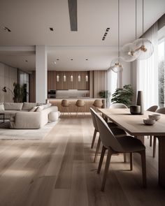 a modern living room and dining area with wood flooring