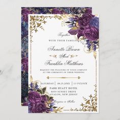 purple and gold floral wedding card