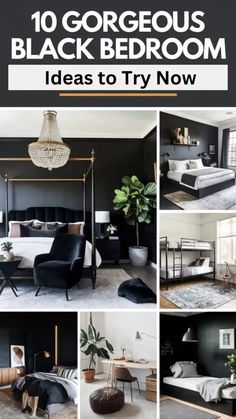 black and white bedroom with text overlay that reads 10 gorgeous black bedroom ideas to try now