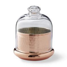 a glass dome with a metal base and gold trim on it's lid is shown