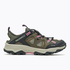 a women's hiking shoe in green and pink