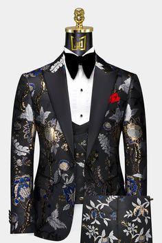 Mens-Exotic-Asian-Tuxedo-Prom-Groom-Wedding-Suit-from-Gentlemansguru.com- Black And Silver Suit, Latest Suit Styles, Floral Tuxedo, Silver Suit, Tuxedo Prom, Floral Suit, Black Tie Attire, Prom Tuxedo, Fancy Suit