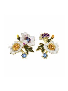 Enamel Floral Bouquet Posts | Gold Mismatched Studs Earrings | Light Years Spring Flower Enamel Earrings, White Enamel Brooch Jewelry, White Enamel Clip-on Jewelry, White Flower-shaped Enamel Pin, Light Blue Crystals, Crystal Accessories, Flowers Leaves, Floral Bouquets, Flowers And Leaves