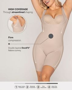 This mid-thigh bodysuit shaper is made with our trademark DuraFit® fabric for firm compression to sculpt the whole torso and thighs. Double-layered fabric in the torso carves out your curves, while the single-layered short bottom shapes lightly while preventing thigh rub. Laser-cut edges give this shaper a truly undetectable look, even under your tightest clothes. The plunge back is specially designed to shape the sides of your back while remaining undetectable, even when worn with scoop back dr Fitted Shapewear Bodysuit With Built-in Padding, Full Coverage Shapewear With Built-in Padding, Fitted Mid-thigh Length Shapewear With Medium Bust Support, Fitted Mid-thigh Shapewear With Medium Bust Support, Supportive Full Coverage Sculpting Shapewear, Elegant Fitted Mid-thigh Length Shapewear, Elegant Compression Shapewear For Smoothing, Elegant Fitted Mid-thigh Shapewear, Elegant Compression Shapewear With Smoothing