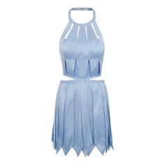 An actual fairy-like dress. A dainty halter, this sky blue midi satin dress makes a statement with individual pieces attached on a lace bodysuit with side waist cut outs. Made of lightweight crepe with lace detail.  Built in bodysuit. 100% polyester  Garment made in NYC to reduce our carbon footprint. Dry clean only Blue Azalea, Midi Satin Dress, Sky Blue Dress, Wedding Gifts For Groom, Summer Capsule Wardrobe, Jena, Carbon Footprint, Lace Bodysuit, Satin Dress