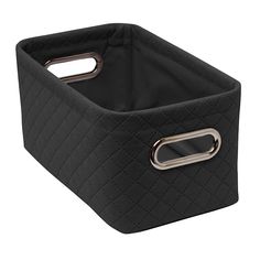 a black storage bin with handles and an oval handle