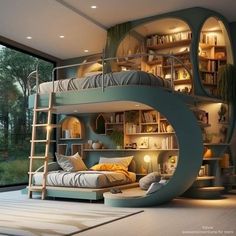 a bedroom with a spiral bed in the middle and bookshelves on the wall