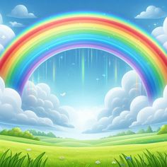 a rainbow in the sky with clouds and grass around it, as well as flowers