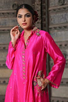 Pink shirt style kurta with all over floral pattern, contrast zari, pearl, resham and sequin intricate cheent embroidery. Paired with zari stripe woven palazzo. - Aza Fashions Bollywood Style Tops With Dupatta For Eid, Silk Dupatta Top For Wedding, Silk Top With Dupatta For Wedding, Wedding Tops With Dupatta For Eid, Silk Wedding Top With Dupatta, Bollywood Style Straight Kurta Blouse For Wedding, Bollywood Silk Tops With Dupatta, Bollywood Style Wedding Blouse Straight Kurta, Wedding Tops With Dupatta For Navratri