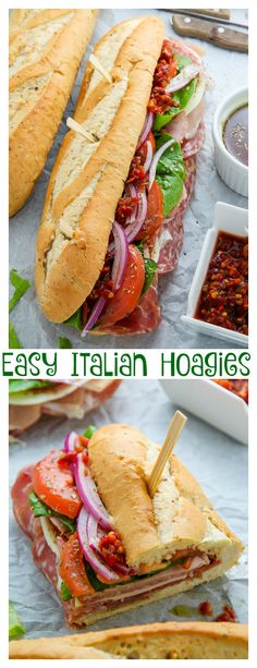 two pictures of sandwiches with different toppings on them and the words easy italian hoagies