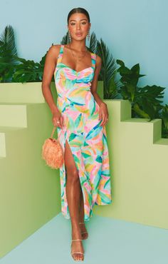 Mina Midi Dress ~ Tropicana Burst Luxe Satin Garden Wedding Dress Guest, Formal Wedding Guest Dress, Beach Wedding Guests, Beach Wedding Guest Dress, Brunch Dress, Purple Midi Dress, Rainbow Outfit, Guest Attire, Corset Mini Dress