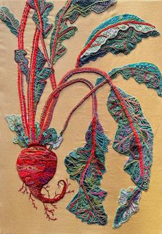 a piece of art made out of yarn and thread with leaves on the side, including a red radish