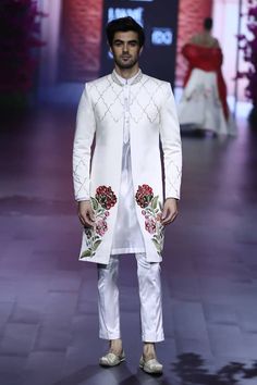 Ivory long sherwani with placement floral, quatrefoil hand embroidery. Paired with an inner kurta and pant. - Aza Fashions Embroidered Sherwani, Placement Embroidery, Indian Groom Wear, Indian Groom, Embroidery Floral, Groom Wear, Pant Set, Aza Fashion, Floral Embroidery