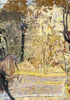 an abstract painting of trees and bushes in the background, with one person sitting on a bench