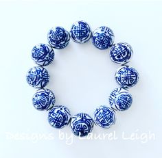 Chunky Blue and White Chinoiserie Chinese Symbol Beaded Statement Bracelet - Ginger jar Blue Stretch Bracelet With Large Beads, Blue Stretch Bracelet With Large Round Beads, Adjustable Blue Stretch Bracelet With Wooden Beads, Blue Wooden Beads Stretch Bracelet, Blue Stretch Bracelet With Round Wooden Beads, Adjustable Hand Painted Blue Bracelet, Adjustable Blue Hand Painted Bracelet, Adjustable Blue Hand Painted Bracelets, Blue Spiritual Stretch Bracelet With Large Beads