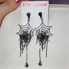 These Are Betsey Johnson Earrings I Bought Last Year And Just Never Wore And Trying To Get Them Off My Hands! Never Even Tried On, Stayed In Box This Whole Time. Would Love If They Went To Someone Who Will Like Them More. Purple Earrings For Halloween Party, Edgy Purple Jewelry For Gift, Edgy Purple Jewelry For Gifts, Edgy Purple Jewelry As Gift, Purple Pierced Earrings For Party, Party Purple Pierced Earrings, Spider Earrings, Betsey Johnson Earrings, Bone Earrings