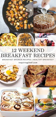 twelve breakfast and brunch desserts with text overlay that reads 12 weekend break at recipes