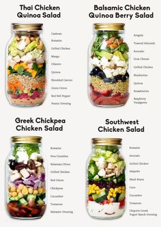 four mason jars filled with different types of food and labeled in the words, salad